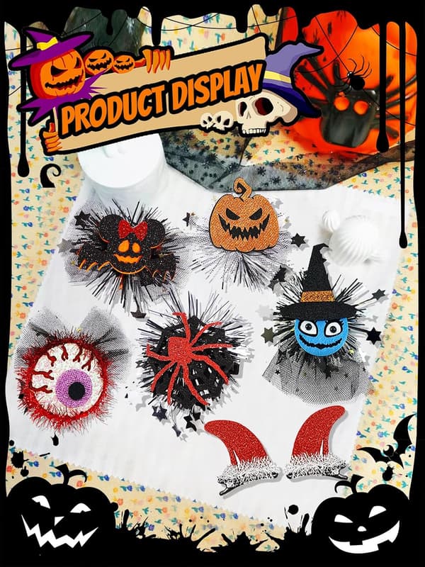 Halloween Hårspænder Sæt med 12 - Græskar Sløjfe Spøgelse Edderkop Djævlehorn Edderkoppespind 9x9,5 cm