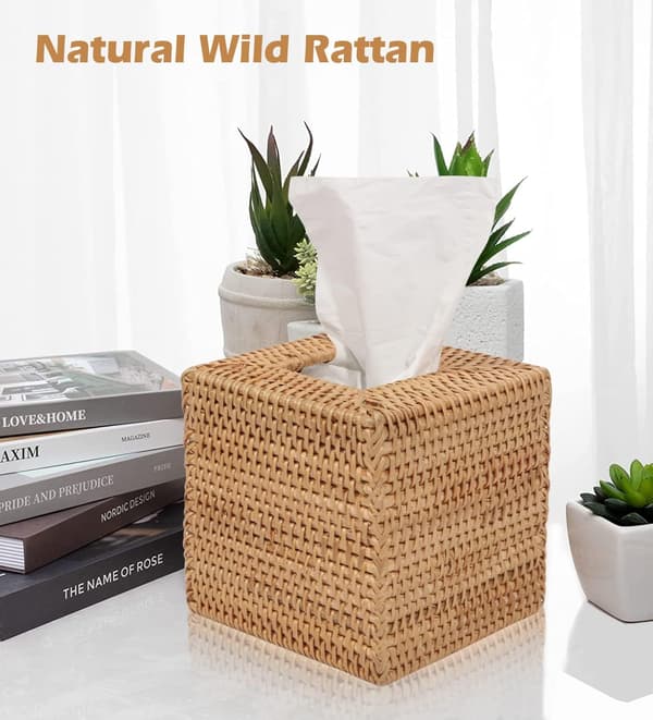 Rattan Napkin Holder, Square Hand-Woven Natural Basket 5.5 Inch