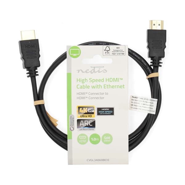 High Speed HDMI-kabel med Ethernet 4K@60Hz ARC 18 Gbps 1 m Sort Svart