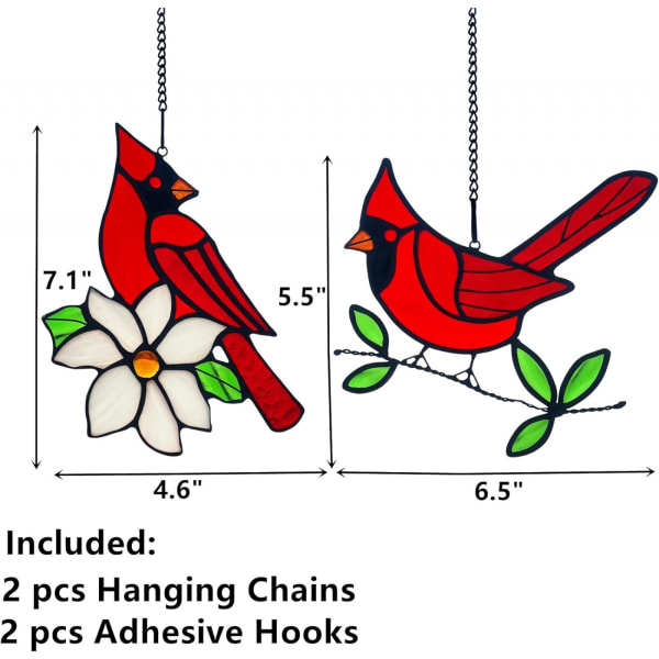 2-pakks farget glasskardinal minnesmerke gave, hengende, kardinal på gren dekorativ solfanger, rød fuglkardinal dekorativ gave til mor, fugleelsker B