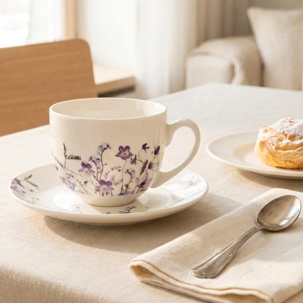 Porcelænskop og underkop, 260 ml, vildblomstdesign