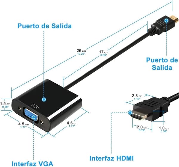 Sort HDMI til VGA-adapter med 3,5 mm lydstik, HDMI-han til VGA-hun, 15 cm
