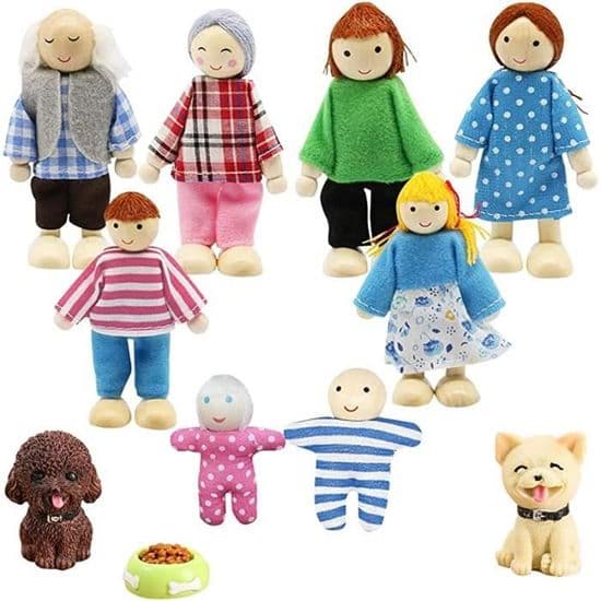 Dukkehusfigurer Tilbehør, Mini Leddede Tredukker, 8 Familiemedlemmer med Klassiske Hunder
