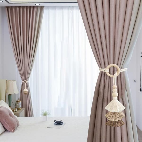 Sæt med 2 trekantede gardinholdere med kvaster, polyester, 60 cm