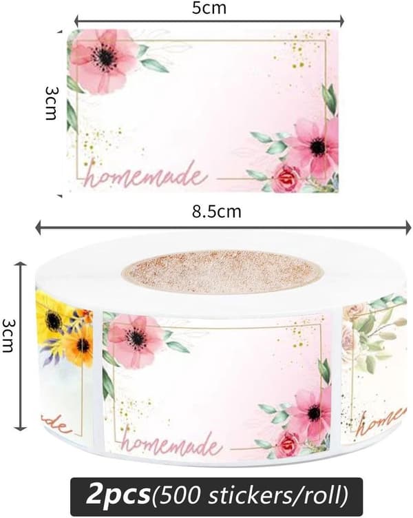 1000 Flower Labels - 50*30 mm, Rectangular Floral Border - Self-Adhesive - for Freezers, Kitchen Containers - 6 Patterns