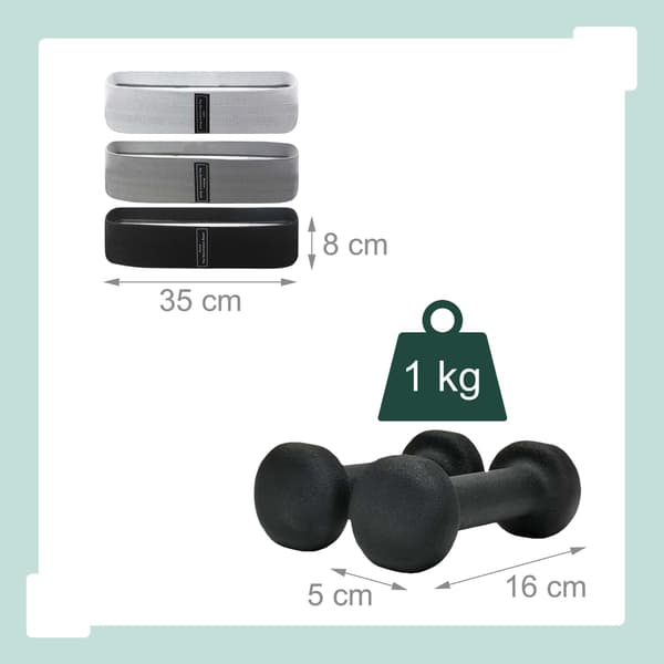 11-delt pilates-sæt med ring, bold, bånd og håndvægte