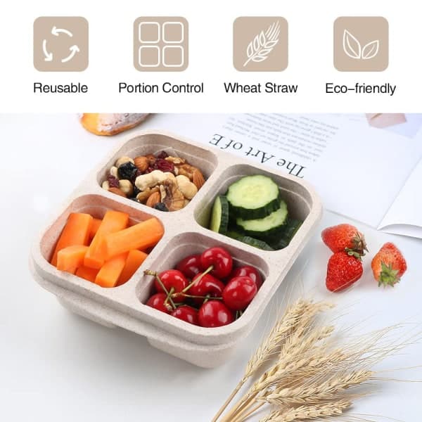 Snack Boxes (3-pack) - Stackable Bento Boxes with 4 Compartments, Reusable Meal Prep Containers, Lightweight Lunch Containers for Kids and Adults Beige