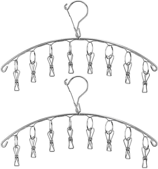 Stainless Steel Drying Rack with Windproof Hooks, Underwear Rack, Clothes Drying Rack with 8 Clips for Drying Socks, Towels (2-Pack)