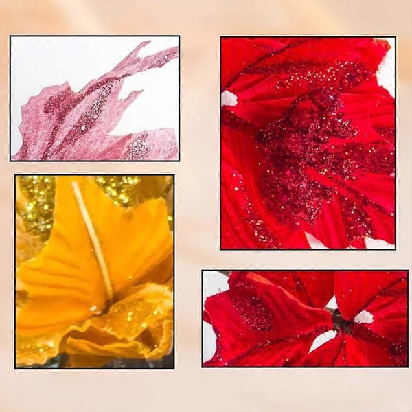 6 stk. Silkepoinsettia med glitter, rød