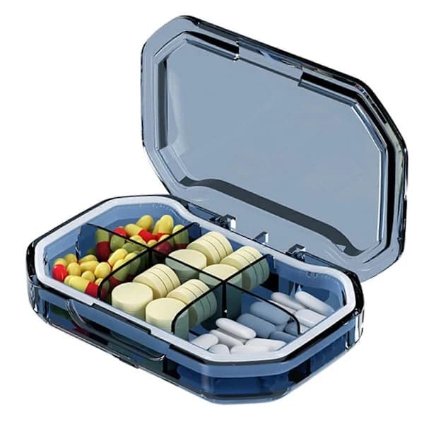 Practical 7-Day Pill Box with 4/6 Compartments, Large Capacity, Buckle, Good Sealing, Pocket-Sized Pill Case from Jikaixiang Blue B