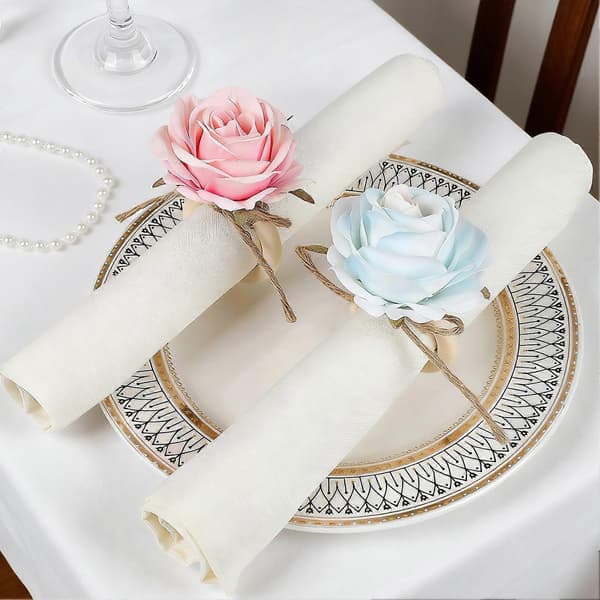 Jute Rope Napkin Ring with Rose – Artificial Flower and Rustic – for Weddings and Farmhouse – Solid Wood