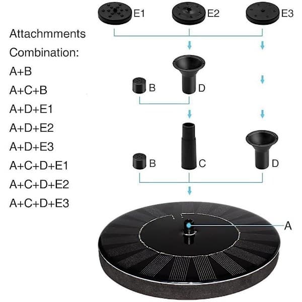Solcellsfontän med batteri, 1,5 W, 6 munstycken, utomhusfontän