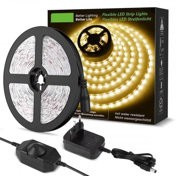 LED-strips 5M-sett, LED-strips Varmhvit Dimbar, 300 LED-strips Lim, Strips Varmhvit 3000K EU