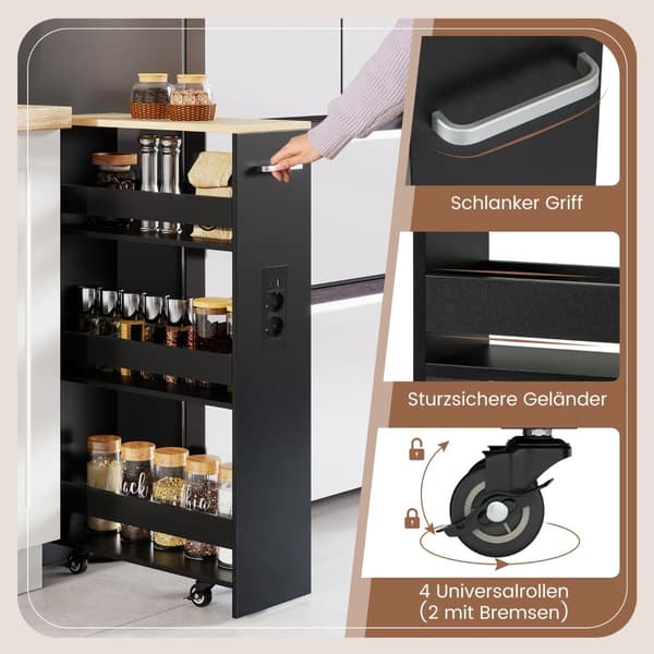 Smal opbevaringsvogn med ladestation – 4 niveauer, sort