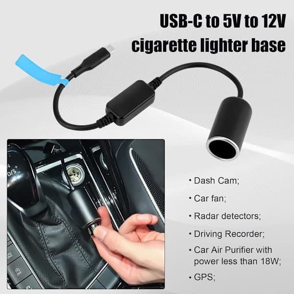 Allecto Plus, USB C biloplader 12V/18W til cigarettænder med strømkabel, biltilbehør til radaradvarsel, LED-belysning