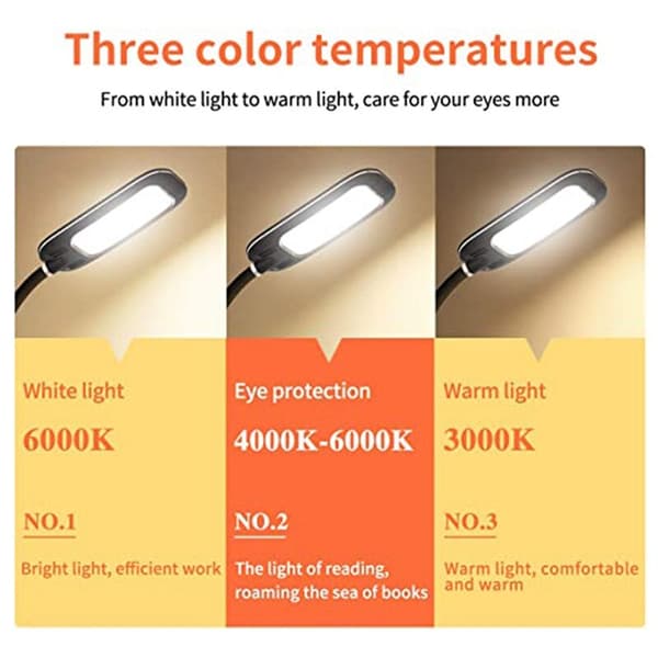 LED-skrivebordslamper, nattbordslampe, bordlamper for soverom, klemmelampe, 3 lysmoduser, justerbar lysstyrke, USB-lading