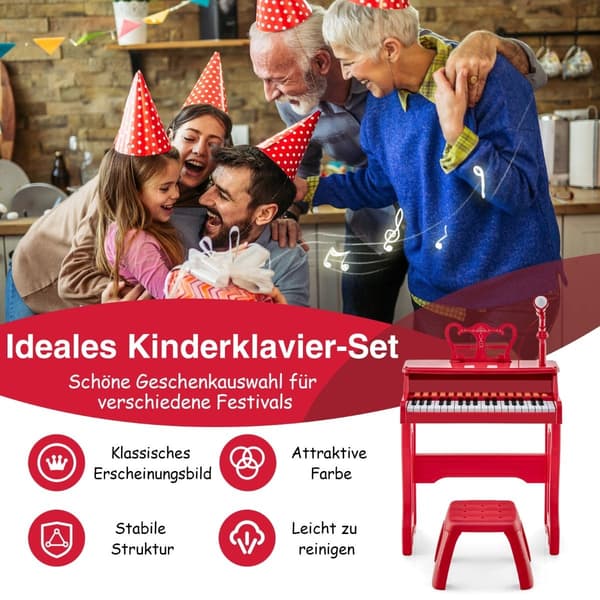 Børne-keyboard-sæt med 37 tangenter, mikrofon og skammel, rød