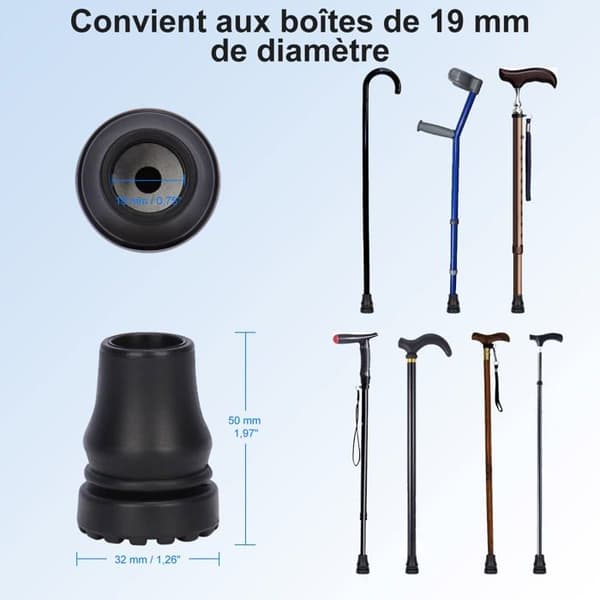 19 mm stokdupper - 4 stk., sort, gummi, skridsikker - velegnet til standardstokke