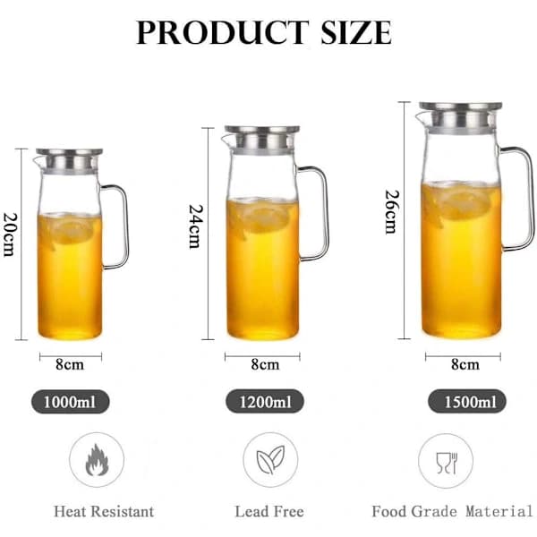 Borosilikatglas Karaff med lock och borste 1200 ml för varmt/kallt vatten