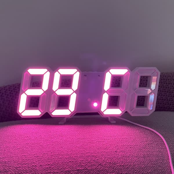 White 3D LED Wall Clock, Modern Digital Alarm Clock with 24 or 12 Hour Display