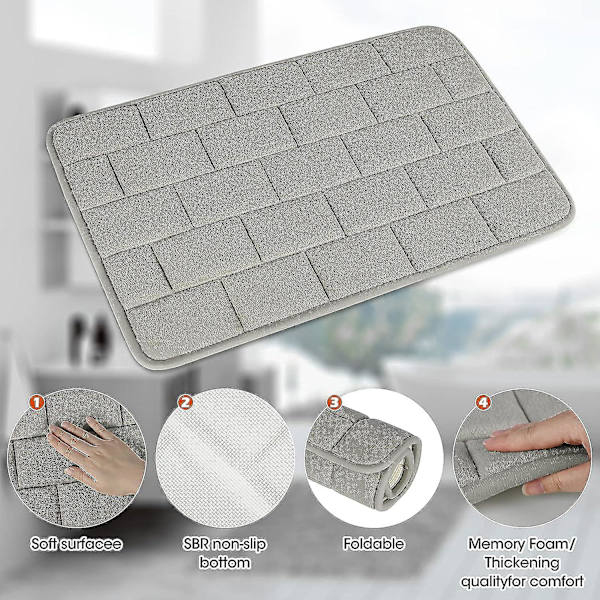Badrumsmatta Superabsorberande Vatten Halkfri Memory Foam Badrumsmattor För Badrum Maskintvättbar Snabbtorkande 40 X 60 Cm Ljusgrå
