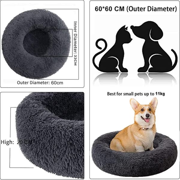 60 cm hundekurv blød plys katteseng vaskbar rund mørkegrå