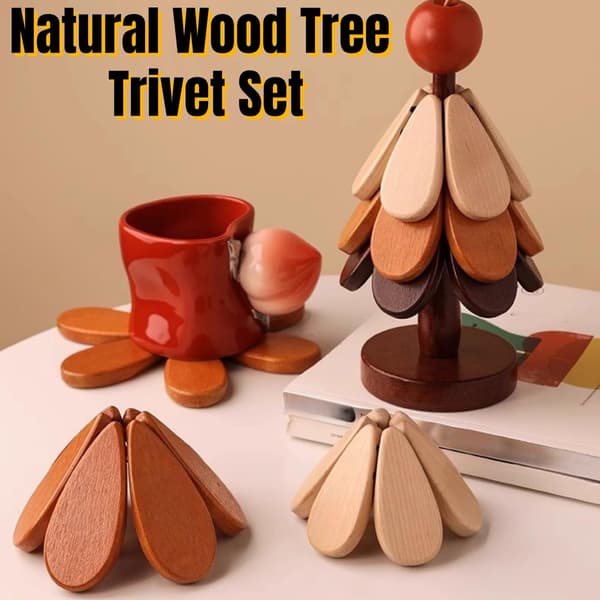Hot Pot Wooden Trivet Set with Natural Wood Coasters Foldable Christmas Tree Non-Slip and Stackable