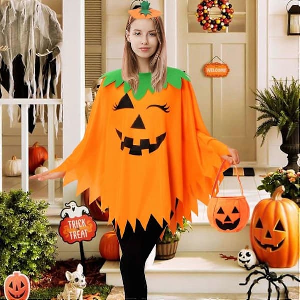 Halloween Græskar Poncho til Kvinder, Græskar Kappe Kostume med Hårbånd og Slikpose