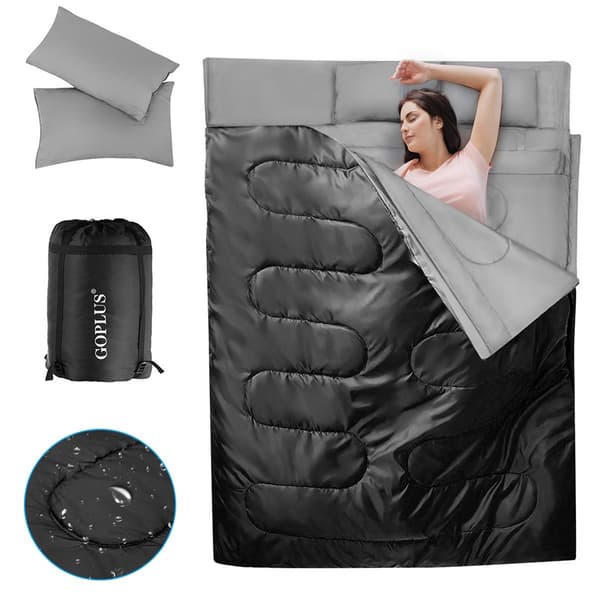 Goplus dobbeltsovepose til 2 personer XL tæppe-sovepose med 2 puder sort 220 x 150 cm