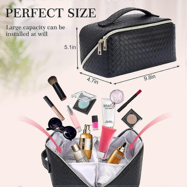Large Travel Makeup Bag Portable Leather Case with Handle Divider and Flat Style Plaid Design
