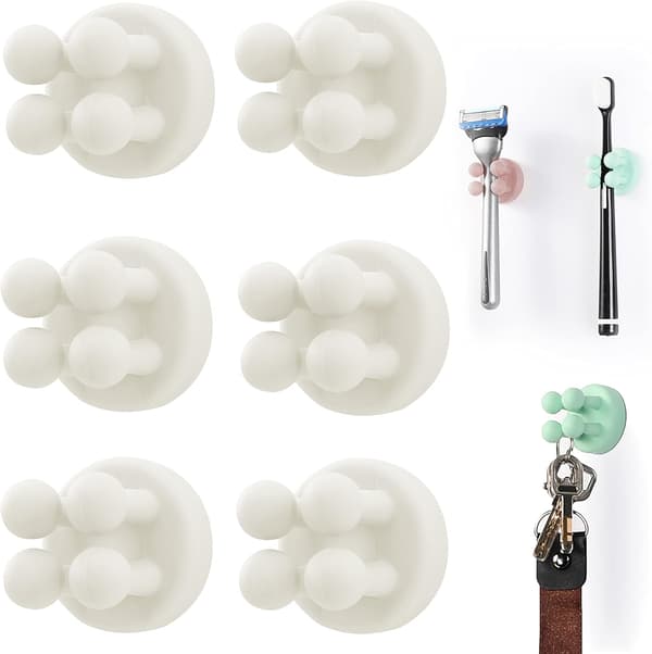 Silicone Toothbrush Holder 6 Pcs Multifunction Hook Razor Holder Waterproof Self-Adhesive Wall Mounted Single Hook White