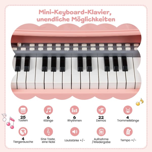 Rosa barnekeyboard med 25 tangenter, krakk og mikrofon