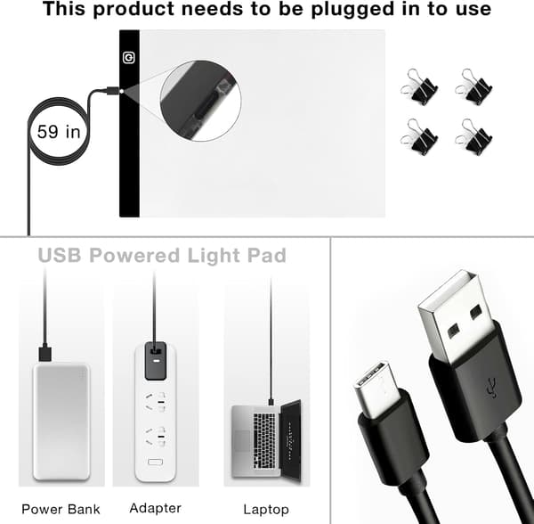 A4 LED Light Pad Drawing Board with USB Power Cable and 4 Fastening Clips, Diamond Art Light Board