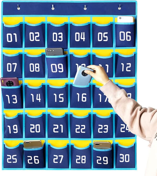 Numbered Pocket Chart for Classroom, 30 Pockets Wall Hanging Chart Classroom Storage Bag Phone Holder Hanging Organizer with Numbers