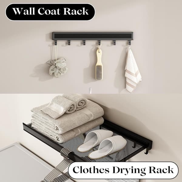 Wall-mounted clothes drying rack, foldable, 44 cm aluminum, with 6 towel hooks, black