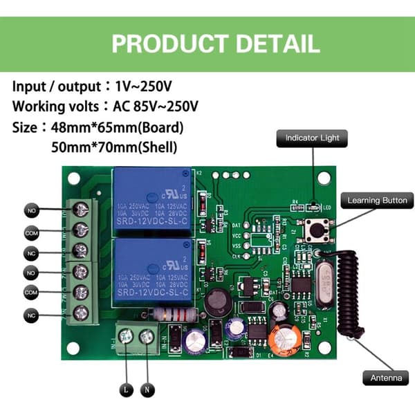 Fjernkontroll 433 Mhz AC220V 2CH Rf Relé Mottaker og Sender for Garasjeport og Grindmotorstyring