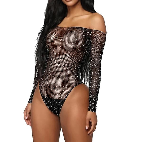 Blonde Bodysuit Strass Badedragt Jumpsuit Dame Sort One Size