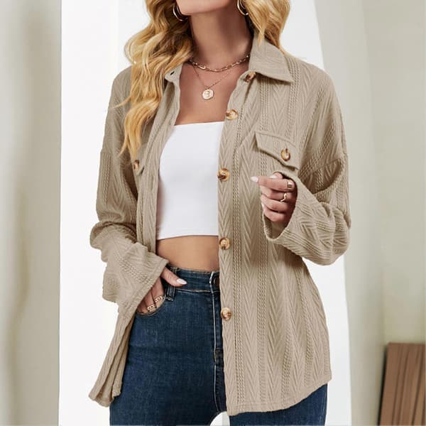 Women Shirt Jacket Fold Down Collar Single Breasted with Fake Pockets Oversized Jacket Shirt