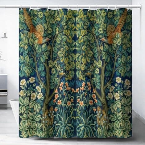 Duschdraperi Vintage Blommönster Fåglar Grön Växt 165x180 cm Polyester