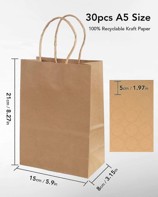Papperspåsar med handtag 30-pack, presentpåsar, 15x21x8cm (brun)