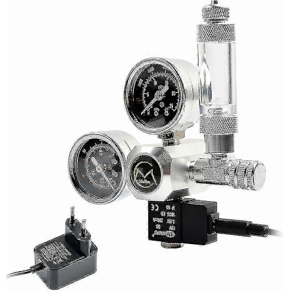 Akvarie CO2 regulator med 12V adapter, trykreducer til akvarium, dobbelte trykmålere inklusive bobletæller og kontraventil, W21.8 interface