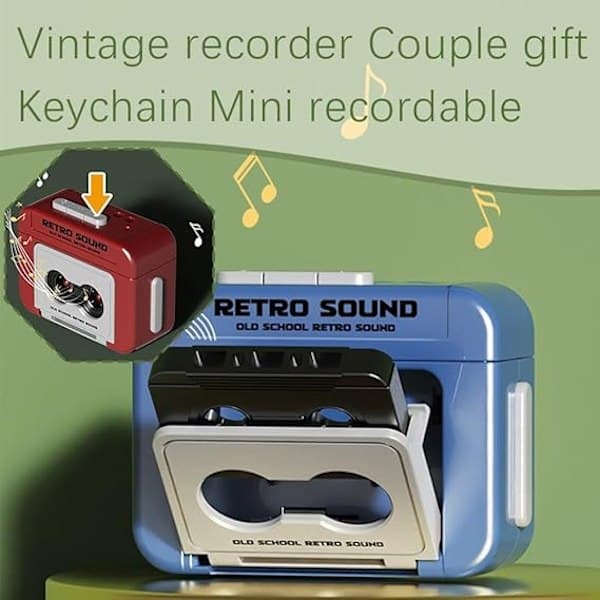 Mini Cassette Player Keychain, Retro Cassette Player Keychain, Recording Function, Blue