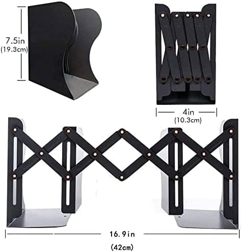 Justerbar bokstøtte i metall med solid base, kan forlenges til 48 cm for kontoroppbevaring