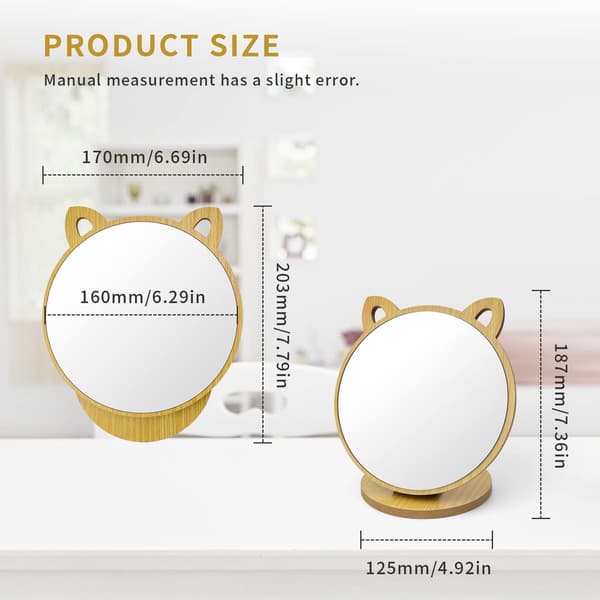 Makeup Stand, Table Mirror Creative Cat Ear Shape, Adjustable Angle Desk Mirror, Table Mirror with Wooden Base - Cute Makeup Mirror