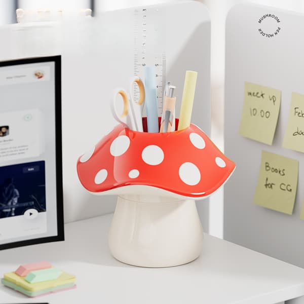 Mushroom Storage Box with Polka Dot Lid and White Base, Desk Organizer for Pens and Makeup Brushes