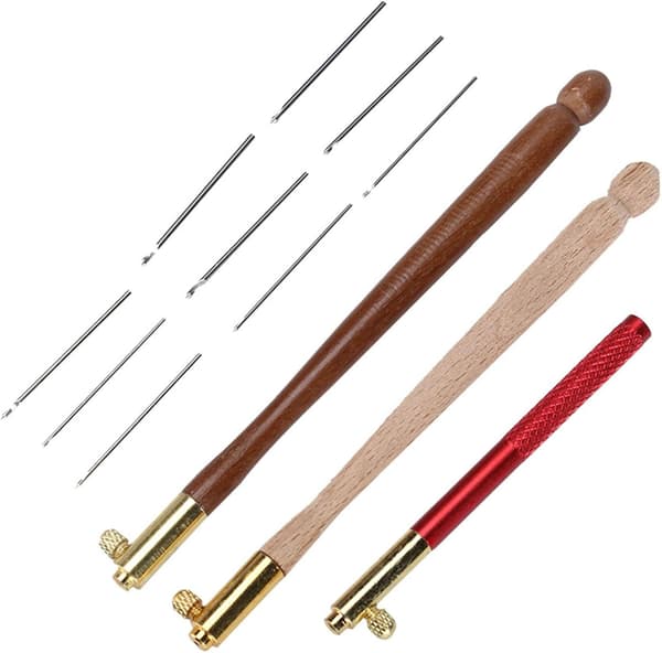 Broderinåler, 3 stk i rustfritt stål med trehåndtak, for broderi, perling og paljetter