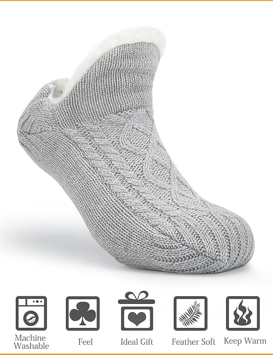 Tofflor för kvinnor och män - Varma, halkfria, stickade, tjockfodrade, mysiga vintertofflor för hemmet, Grå (M)