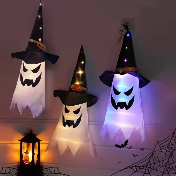 Halloween Hanging Decorations Set – LED Ghost & Witch Hat Lanterns for Outdoor Festive Display Warm White Warm White