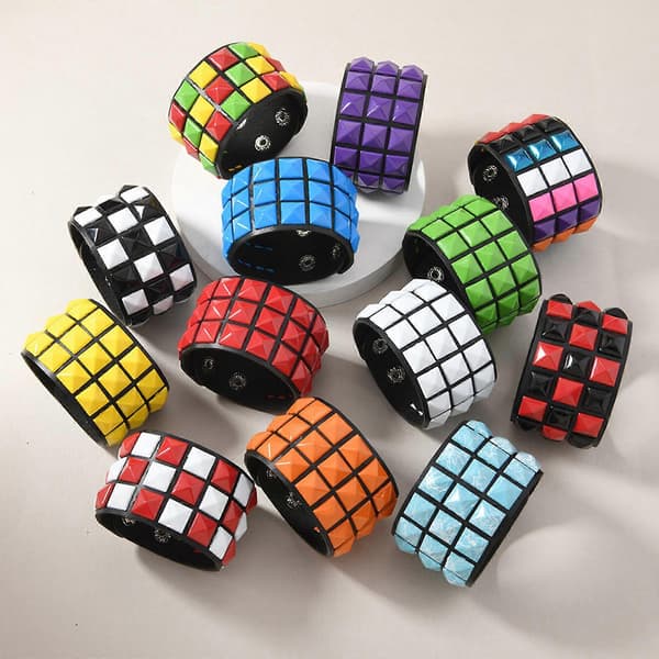 Punk Bracelet Soft PU Leather Three Rows Square Studs Adjustable Multicolor