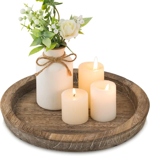 Round Decorative Candle Tray, Rustic Table for Christmas, Wedding, Halloween, Home Decor (Distressed)